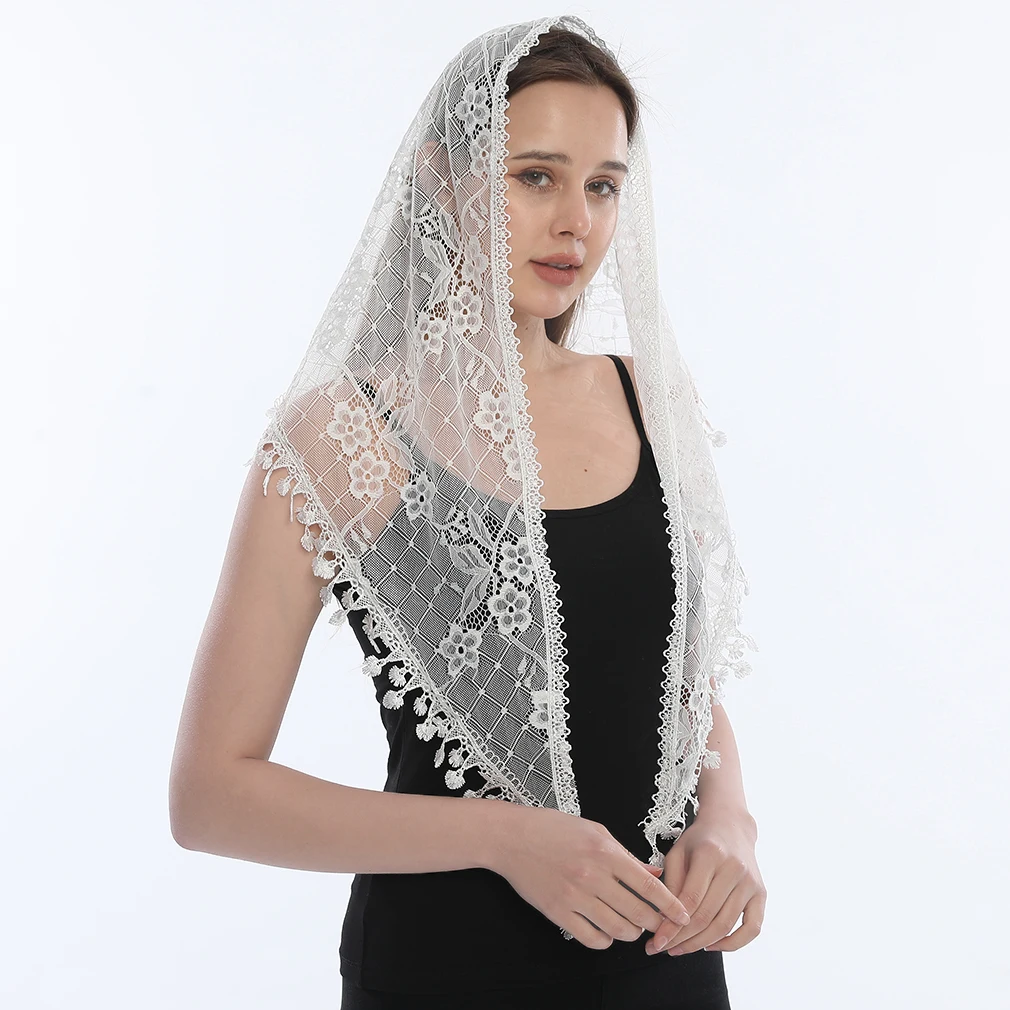 

Fashion Church Shawl Lace Veil Polyester Scarf Bandana Church Prayer Wedding Mantilla Chapel White Embroidered Hijab Women Scarf