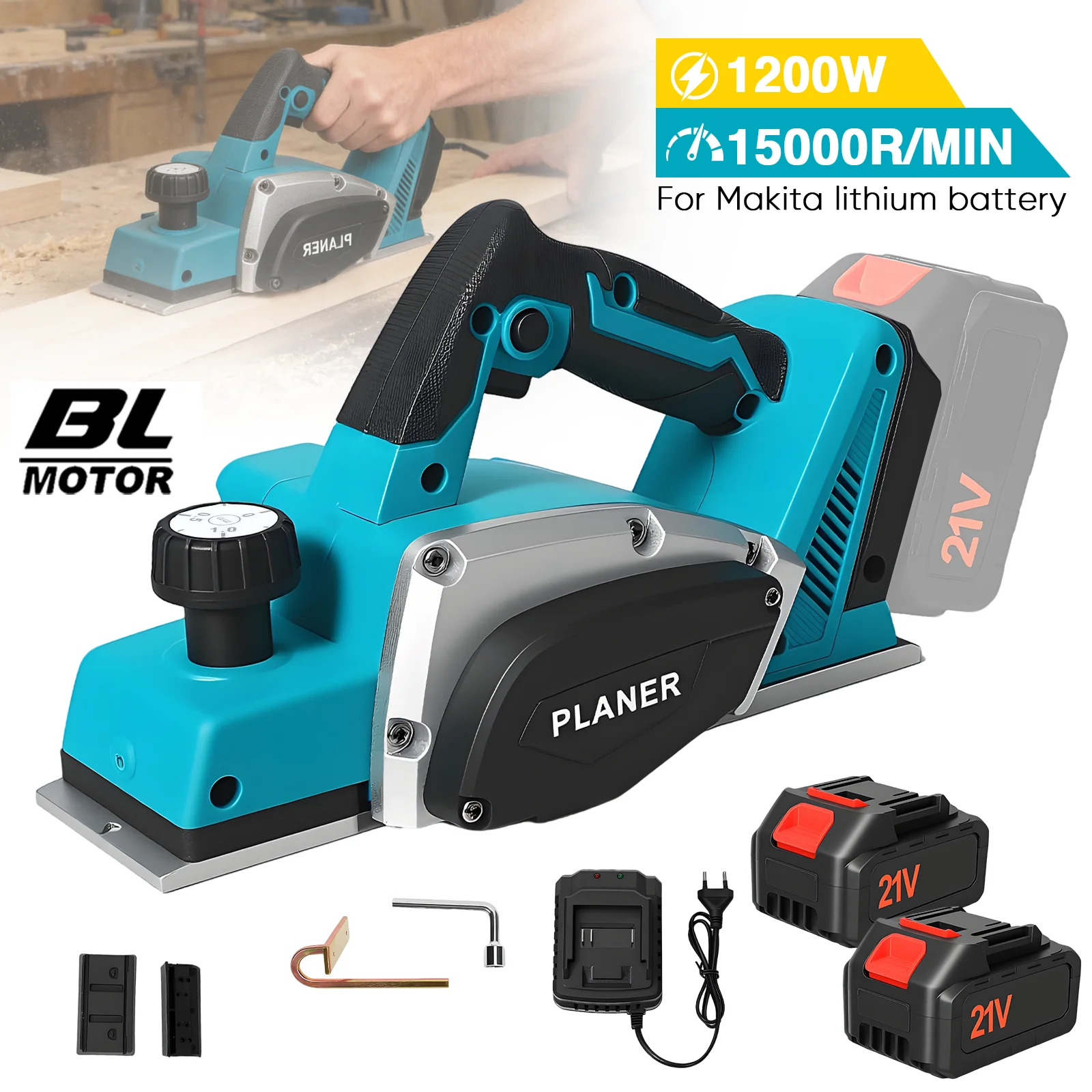 Kabelloser, bürstenloser Elektrohobel, kompatibel mit Makita 18V B-Serie Li-Ion-Akku, 650W, 15000 U/min, 82mm Hobelbreite, 0-2mm einstellbare Tiefenstufe, V-Nut, Aluminiumbasis, Elektrowerkzeug für