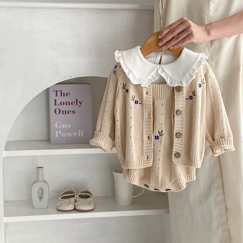 Newborn Baby Girl Embroidery Flower Knitted Jacket Suspender Romper Infant Toddler Child Cotton Cardigan Baby Clothes 3M-2Y