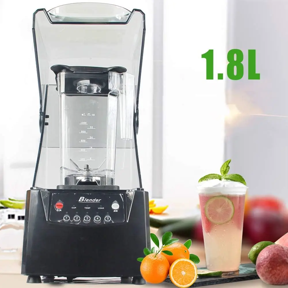 스무디 블렌더, 1.8L 상업용 방음 후드 블렌더 110V 2200W 스무디 기계, 쉴드가 있는 주스 메이커 야채 믹서