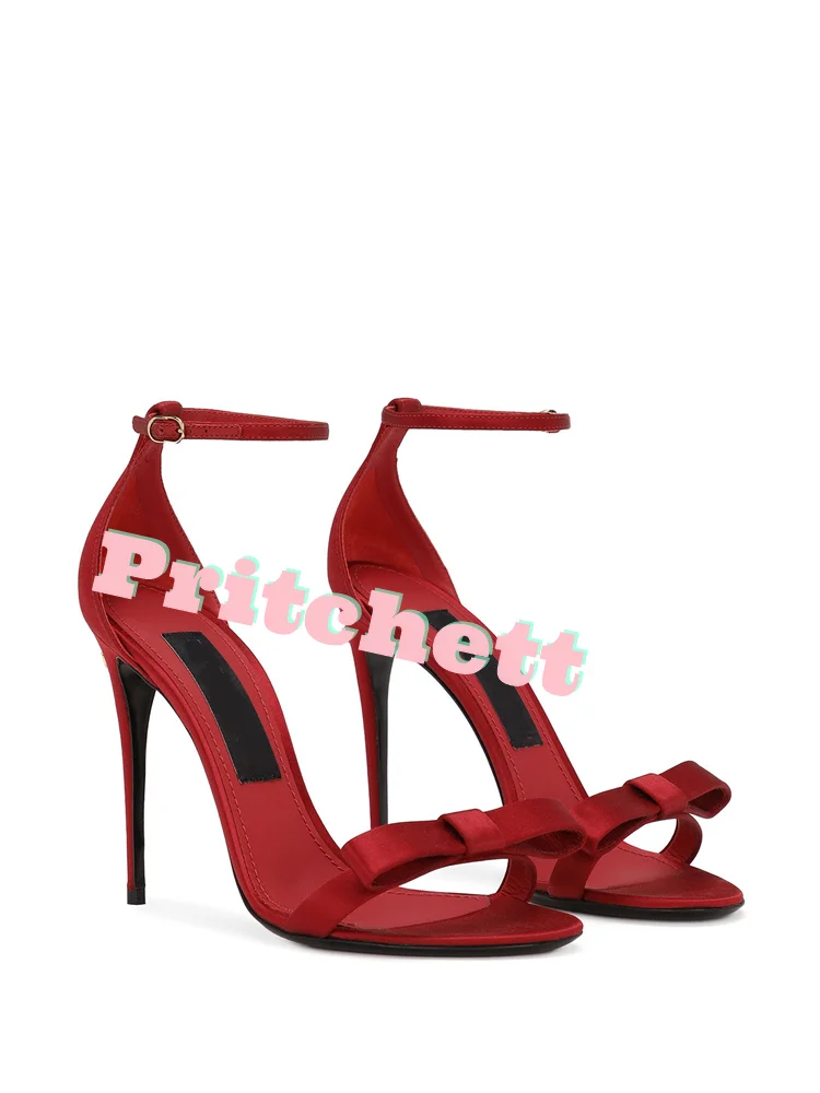 Red Solid Bow Details Women Sandals Round Open Toe Thin High Heels Women Stilettos Ankle Strap Buckle Women Summer Shoes