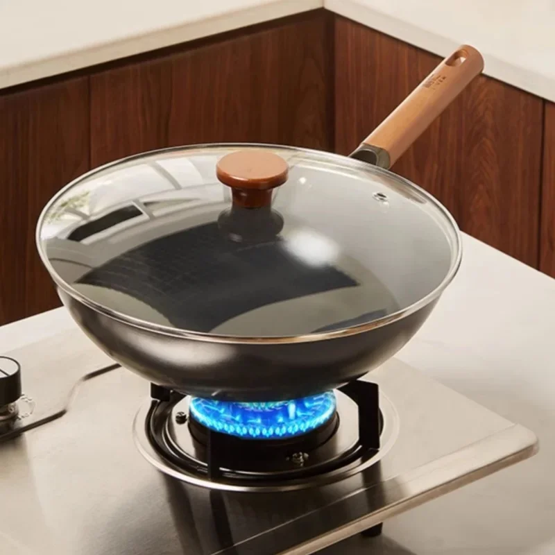 

Traditional Chinese Wok Pan with Round Bottom for Gas Coal Stove, ceramic coating Non-Stick Iron Stir Fry Pan for Home Cooking