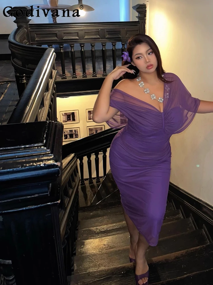 

Women's Summer Large Size Slim V Neck Short Sleeve Long Fishtail Dress New Gauze Sexy Slash Neck Strapless Party Evening Dresses