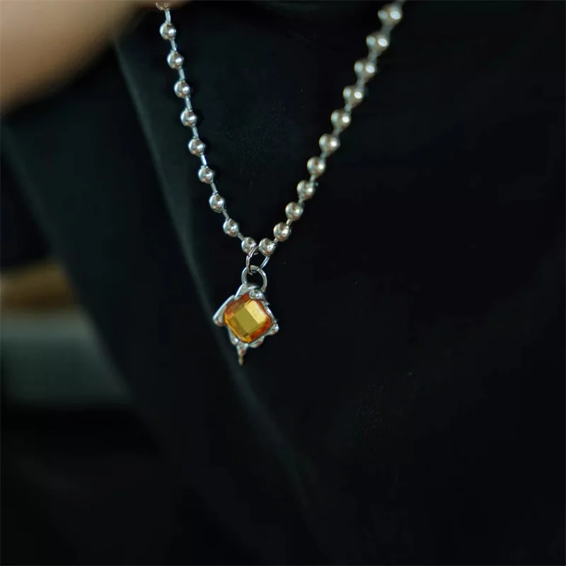 Summer Liquid Sugar Zircon Pendant Round Bead Chain Necklace Men's/Women's Layered Titanium Steel High-Quality Trendy jewelry