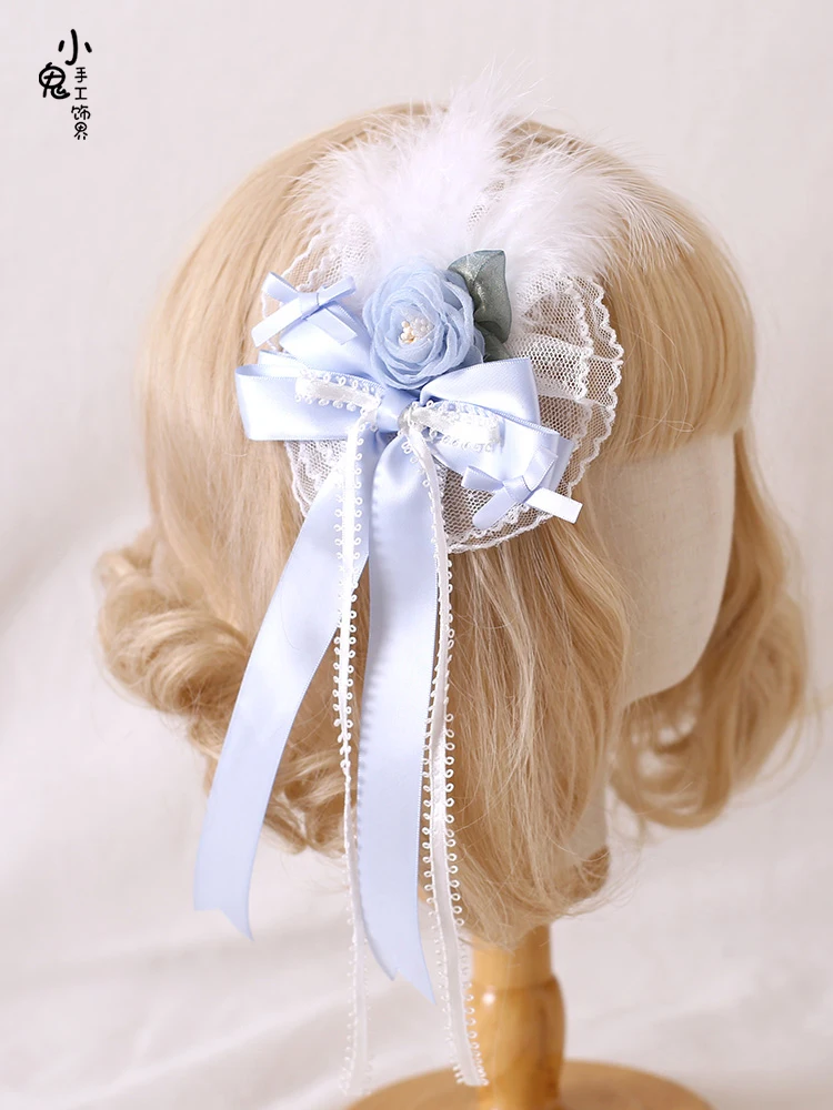 Original Blue Silk Satin Ballet Lolita Hair Band Side Clip Top Clip Top Hat Headband KC Girly Girl Sweet