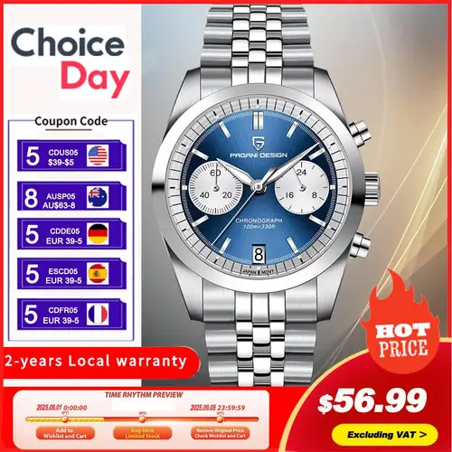 PAGANI DESIGN Relojes de pulsera de cuarzo para hombre a la moda PD1775 Cristal de zafiro Correa de acero inoxidable Reloj con movimiento VK64 para hombre