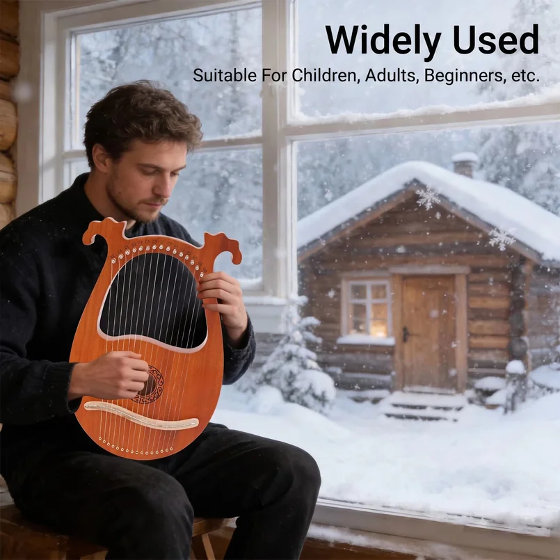16 Steel String Mahogany Harp, European Style Natural Wood Color Portable Antler Design Lyre Harp With