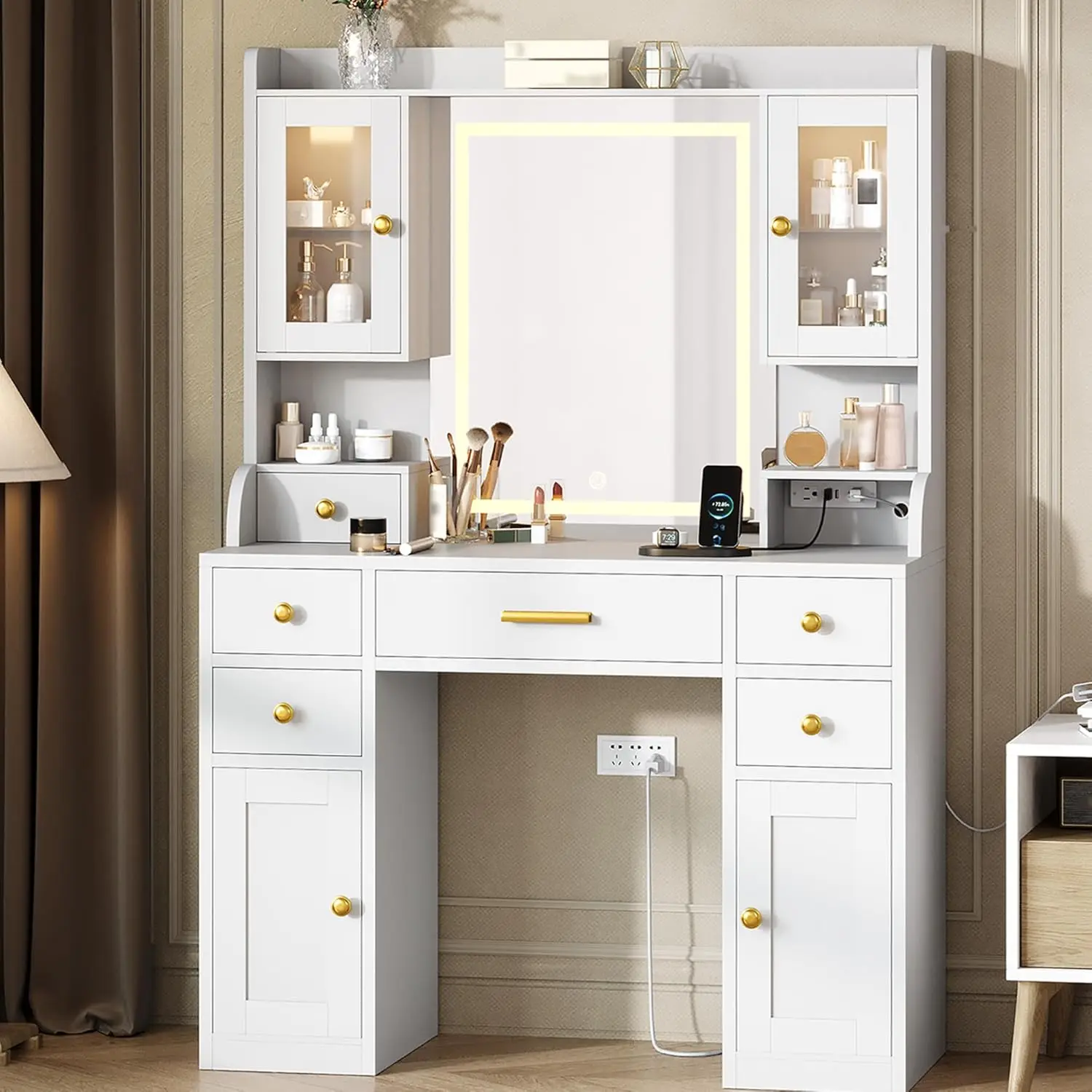 

41" Lighted Makeup Vanity Desk with 3-Mode Mirror & RGB Cabinet Lighting - Large Dressing Table with 6 Drawers, Charging Station
