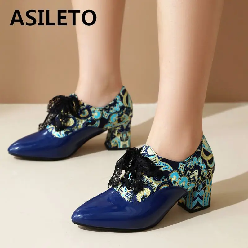 

ASILETO Lxury Women Pumps 33 Pointed Toe Block Heel 6cm Lace Up Mixed Color Plus Size 42 43 Leisure Daily Female Fashion Shoes