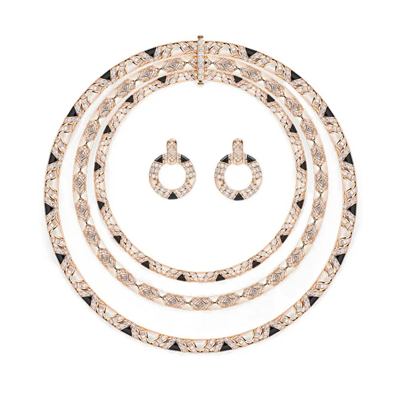 

Elegant Bridal 2Pcs Fine Jewelry Set Inlay Cubic Zirconia Mother Of Pearl Onyx Choker Necklace Earrings Dinner Party Jewellery