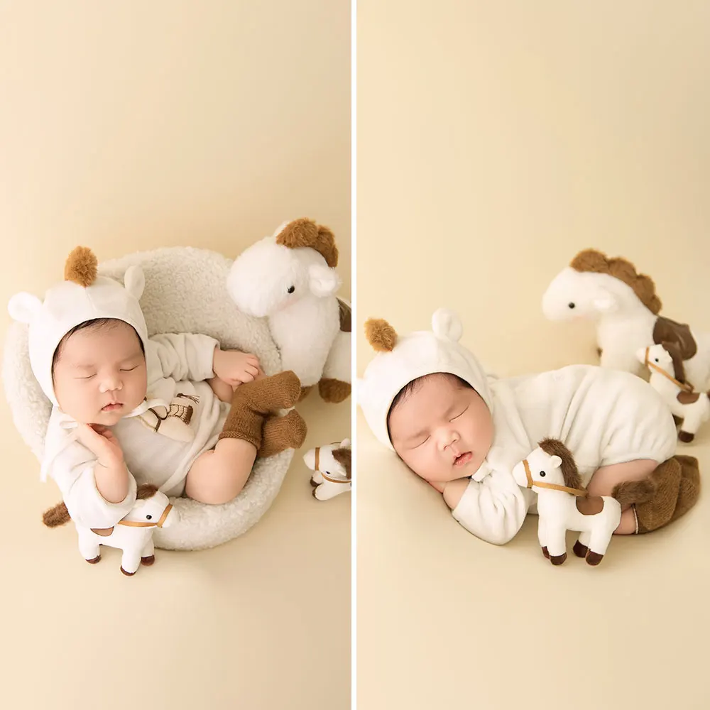 Perlengkapan Fotografi Bayi Baru Lahir 0-1 Bulan Tema Kartun Gaya Kuda dengan Topi yang Serasi dan 3 Buah Boneka Kuda Gaya Little Pony