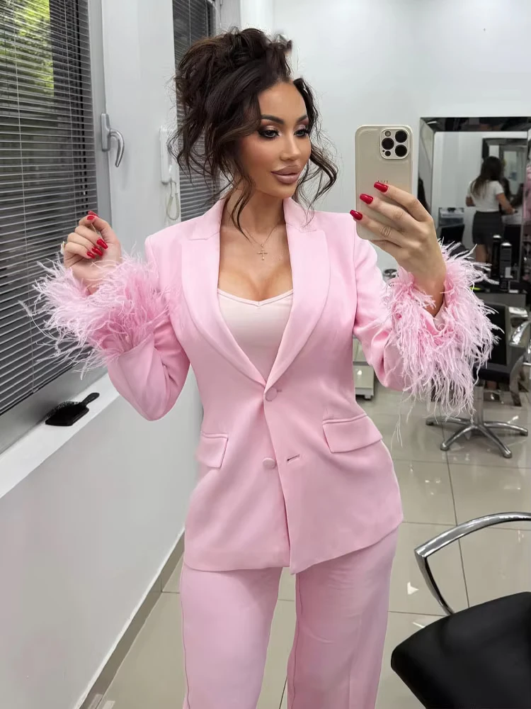 HH Women's Summer New Fashion Feather Pink Pant Suit Lapel Long Sleeve Blazer Coat+High Waist Pocket Commute Casual Trousers