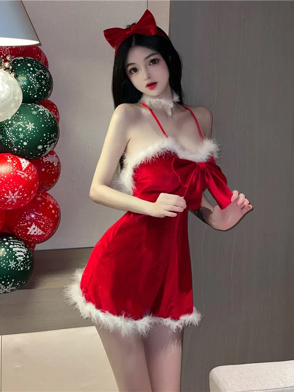 Summer New 2023 Women's Sexy temptation New Year Christmas Uniform Bow Decoration sling backless red flirt mini Dress IR9W