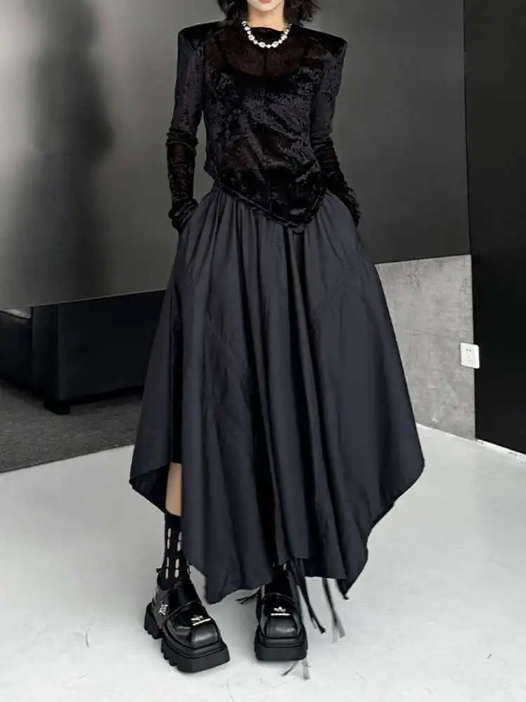 High Elastic Waist Black Irregular Hem Drawstring Half-body Skirt Women Fashion Tide New Spring Autumn