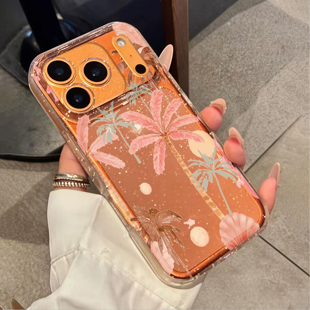 Beach coconut trees Clear Glitter Phone Case For iPhone 17 15 13 16 12 11 14 Pro Max 17 Air XR X 16e Cases Shockproof INS Cover view 3