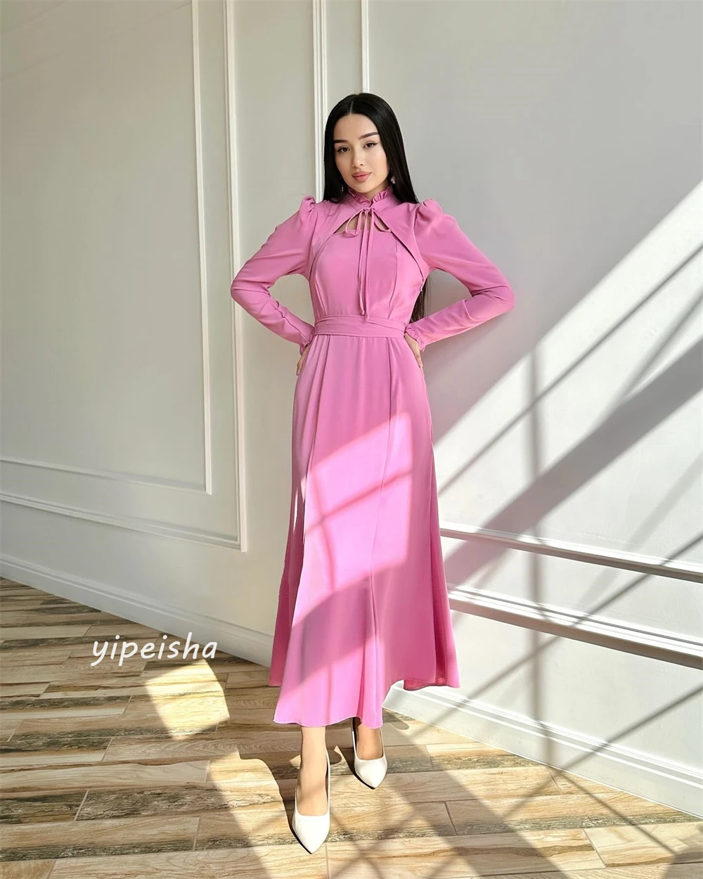 Prom Dress Saudi Arabia Evening Jersey Draped Ruched Formal  A-line High Collar Bespoke Occasion Gown Midi Dresses