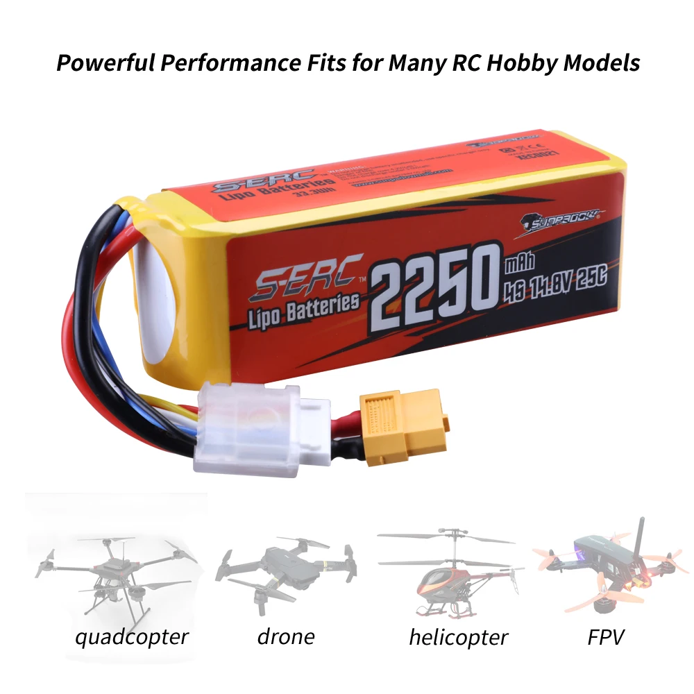 2 pacchi Sunpadow 14.8V 4S RC Lipo batteria 25C 2250mAh con spina XT60 per RC aereo Quadcopter elicottero Drone FPV Racing Hobby