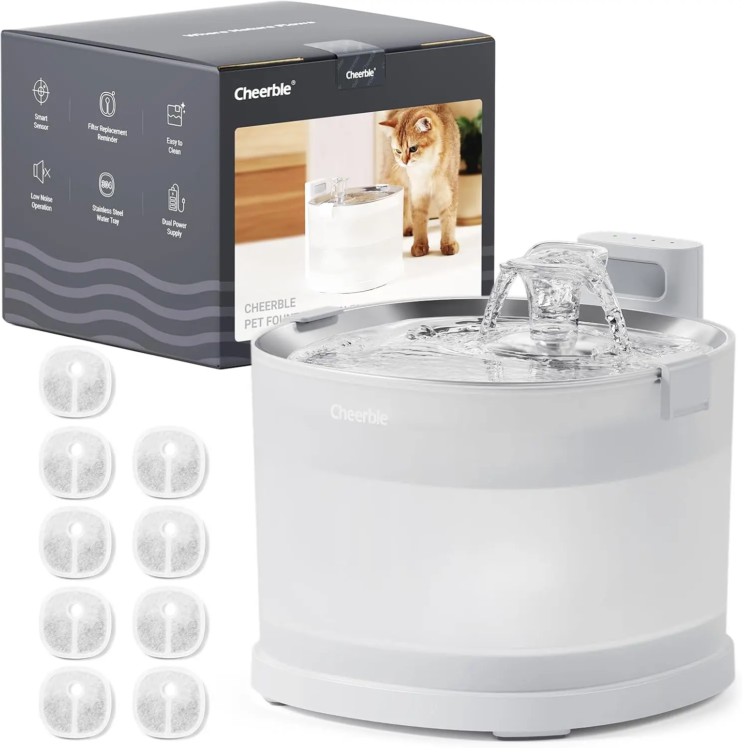 

Pumpless Pet Fountain Elfin E1+ with 9 Extra Filters, Wireless Pet Fountain Battery Operated, 2L/67oz E1+ Automatic Water