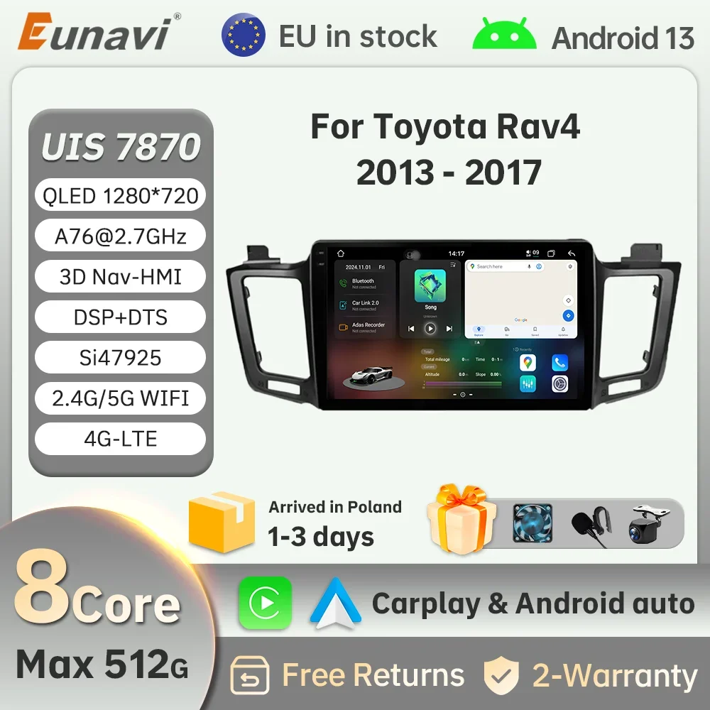 Eunavi CarPlay Wireless Car Radio Android 4G 10.1 ''AI BT For Toyota RAV4 2013-2017 GPS Stereo Player
