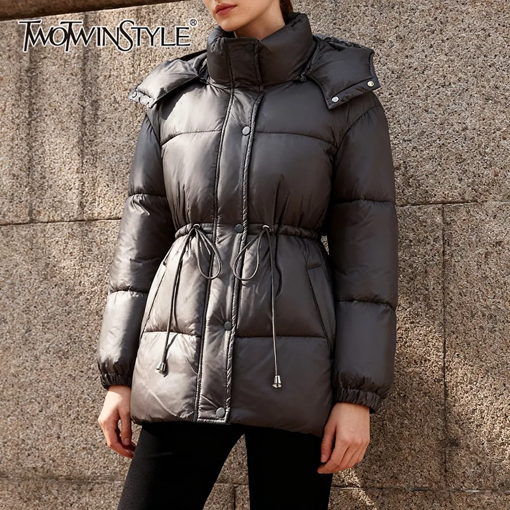 

TWOTWINSTYLE Hooded Slimming Down Coat for Women Stand Collar Long Sleeve Patchwork Drawstring Tunic Design Anorak Female Winter