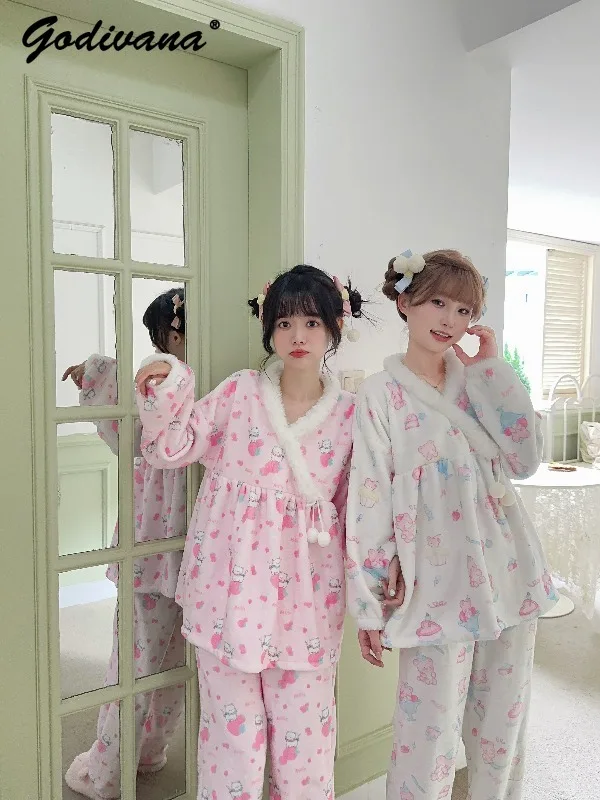 New Autumn and Winter Double-Sided Flannel V-Neck Pajama Set Cute Print Girls Sweet Sleepwear Comfortable Furry Nightwear