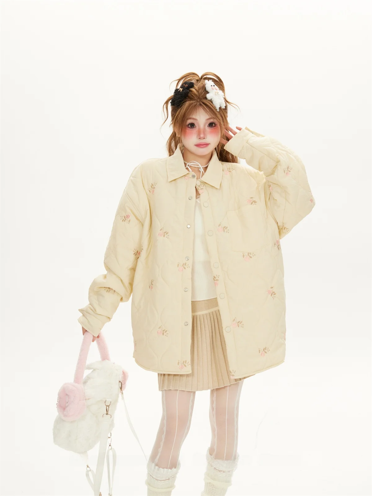 Sweet Cool Khaki Floral Embroidery Gourd Pattern Thickened Cotton Jacket Women's Retro Collar Winter Outerwear Slimming Style