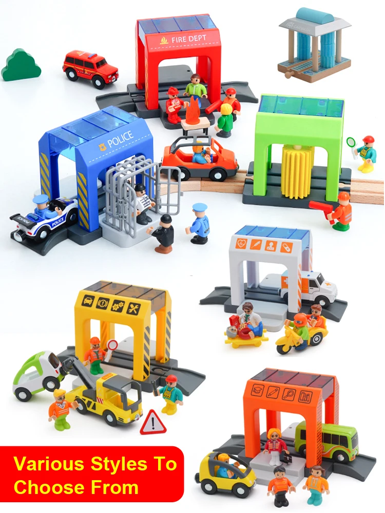 Zestaw zabawek dla dzieci: kolejka, samochodzik, myjnia samochodowa, scena kolejowa, stacja strażacka, komisariat policyjny, zabawka symulacyjna kompatybilna z drewnianymi torami W06