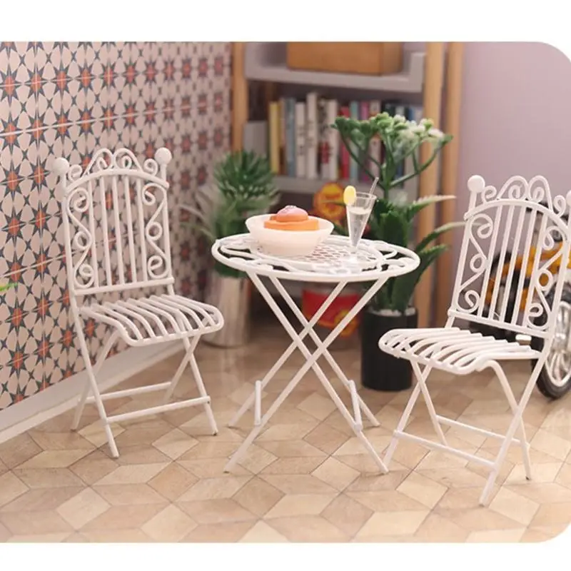 

U13F Dollhouses Miniature Garden Furniture Iron Table With 2 Chair For Scene Decors