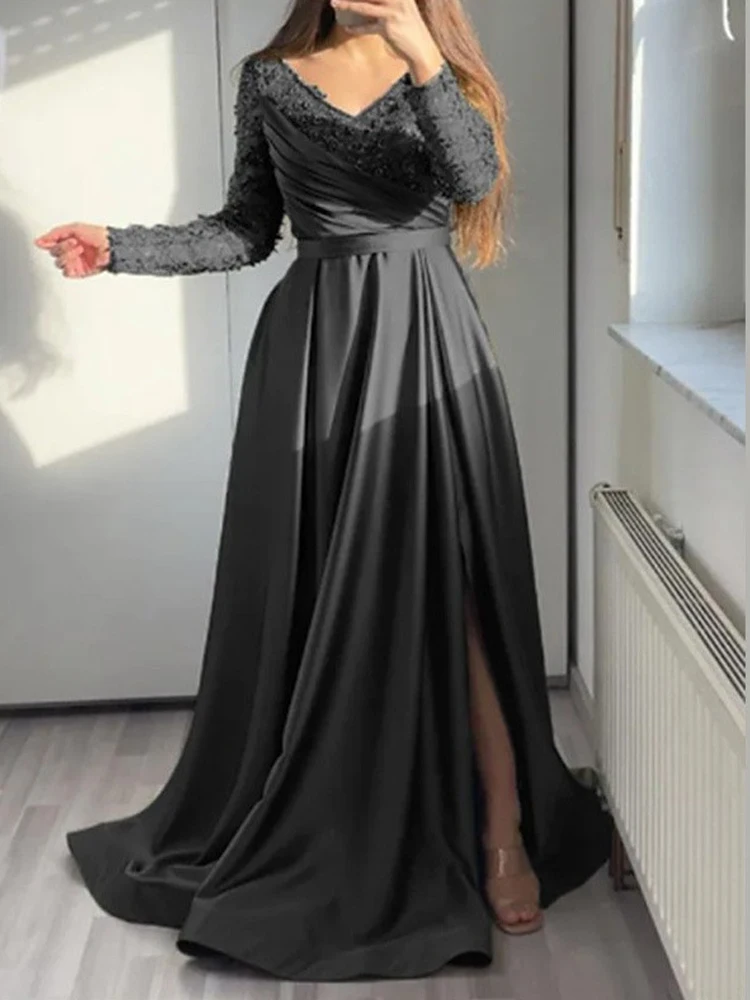 Lange mouw casual taille geplooide jurken jurk vrouwen elegante split satijnen feestjurk sexy v-hals geborduurde kant patchwork jurk