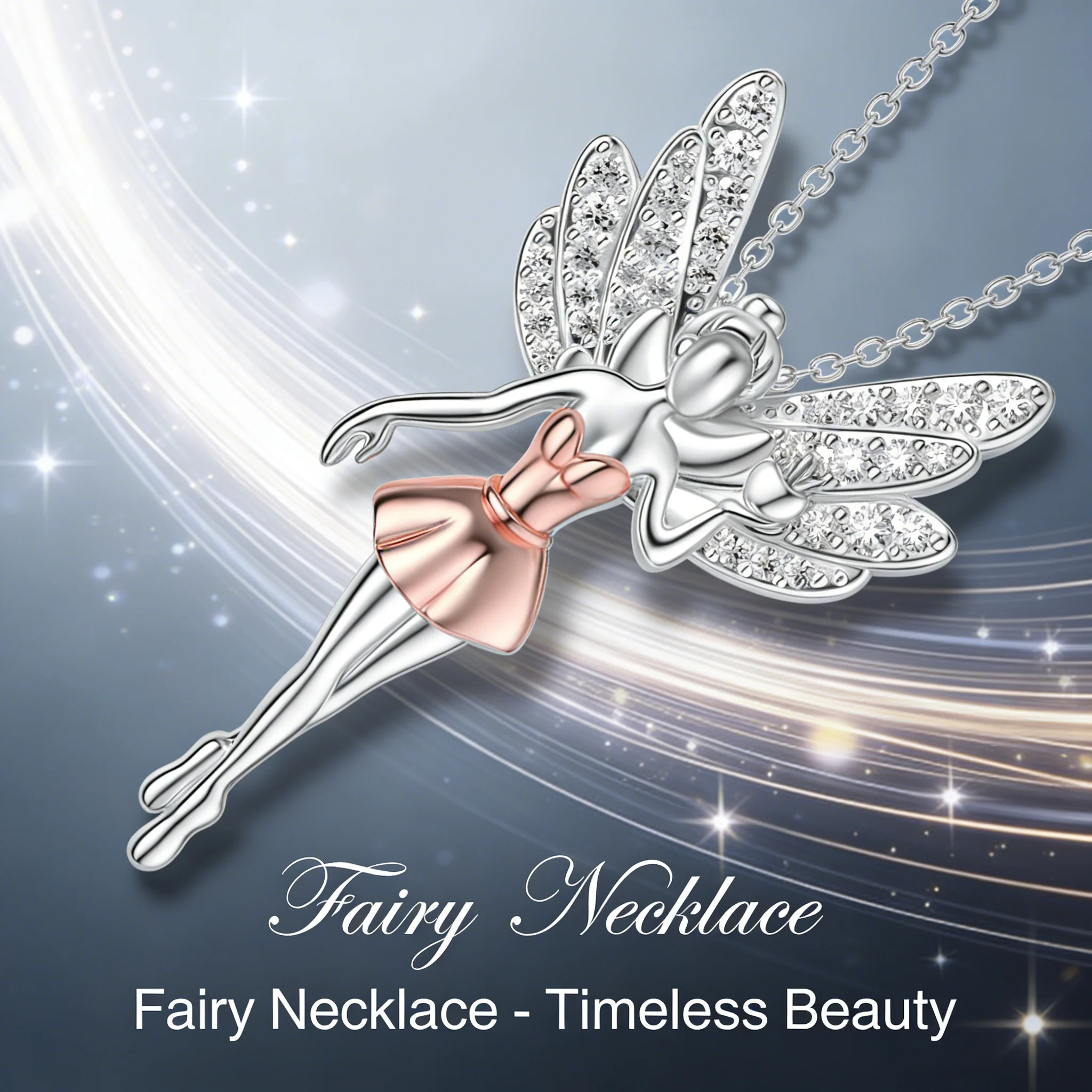 Zinc Alloy Two-Tone Fairy Necklace Clear Faux Rhinestone Wings Fantasy Fairy Tale Gift for Women Girls