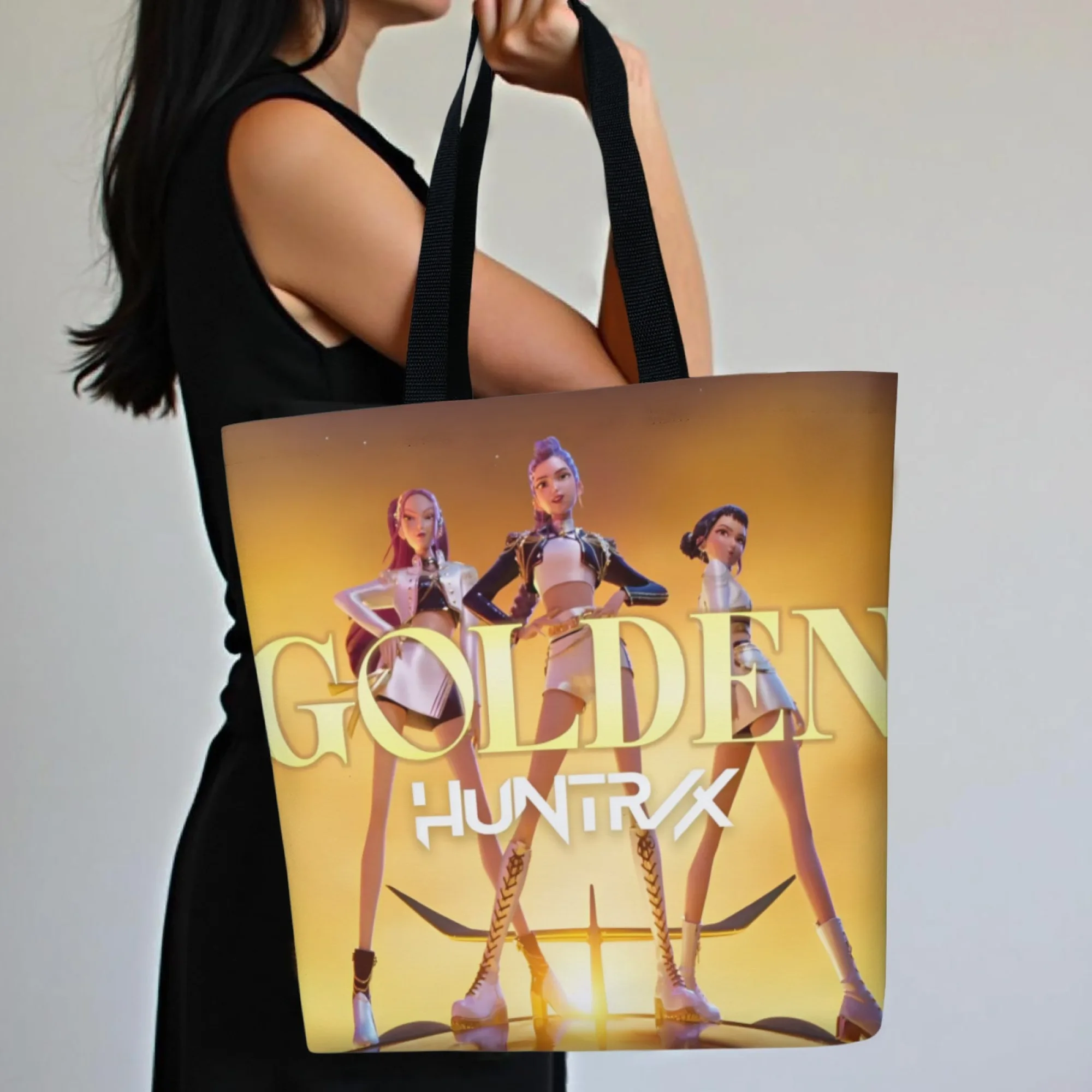 

K-POP Hunters Girls Group Cartoon Heavy-Duty Canvas Golden Stage Tote Bag Durable Fabric Reusable Shoulder Bag for Anime Fans