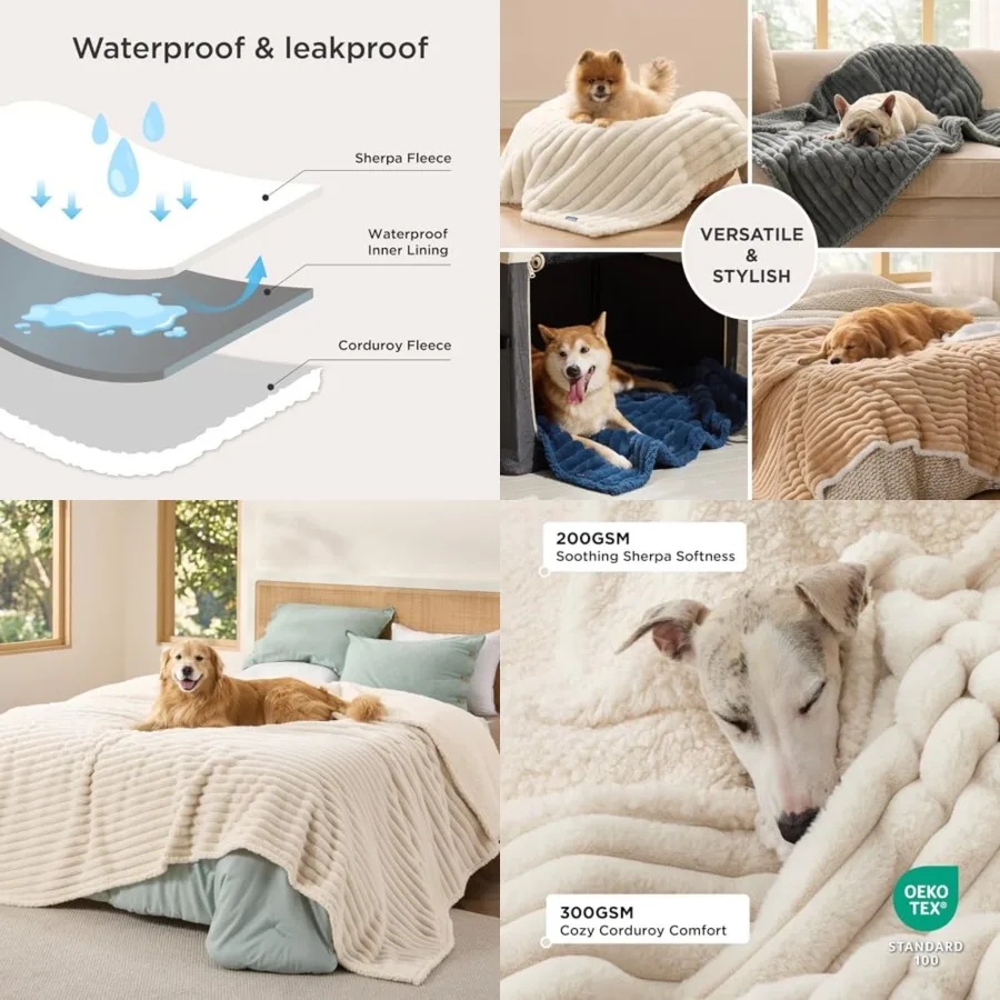 

ComfyFleece™ Waterproof Blanket for Bed - Soft Plush Dog Blankets for Large Dogs Corduroy Fleece Washable, Cozy Calming Reversi
