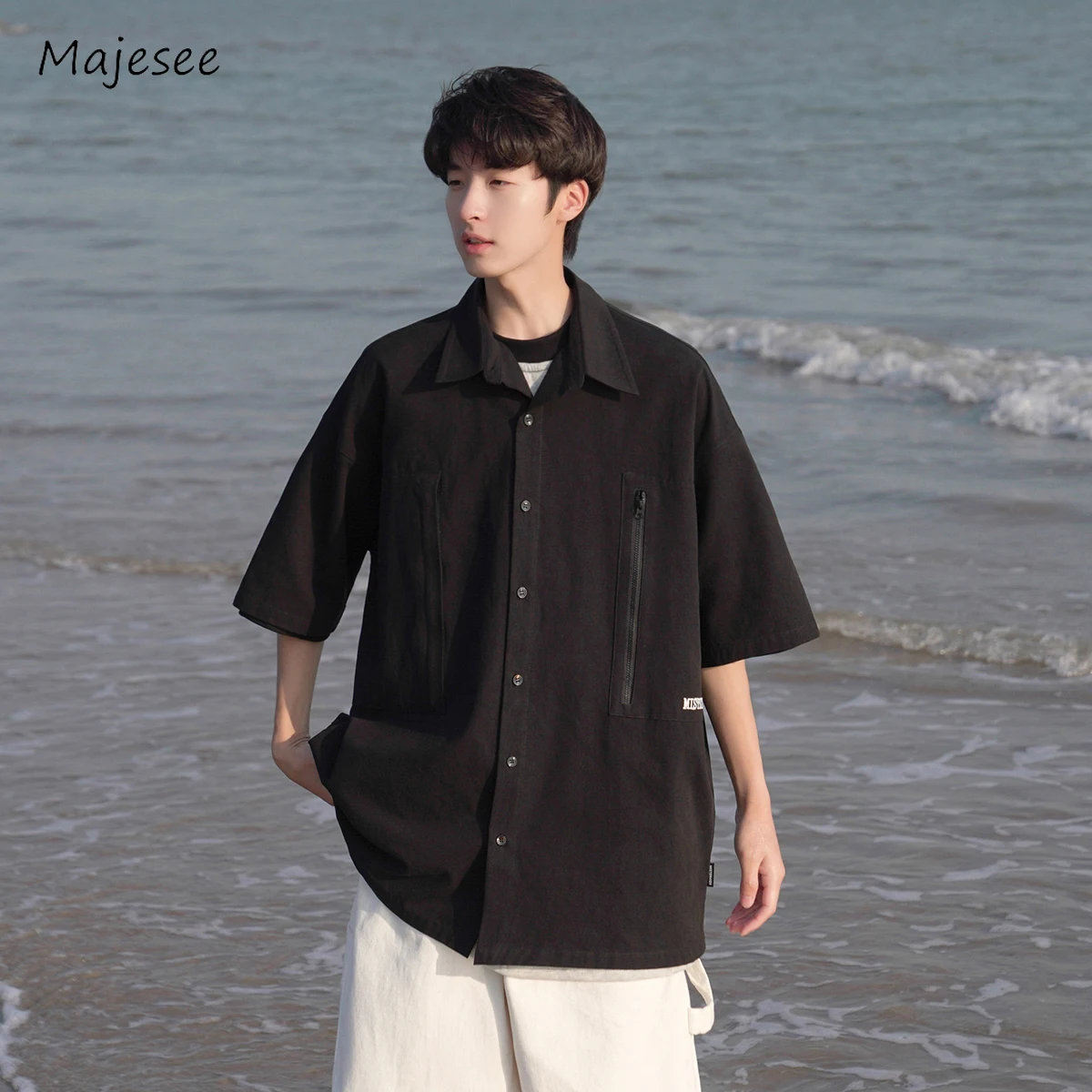 

Solid Shirts Men All-match Half Sleeve Daily Summer Temperament Stylish Japanese Style Minimalist Teenagers Baggy High Street