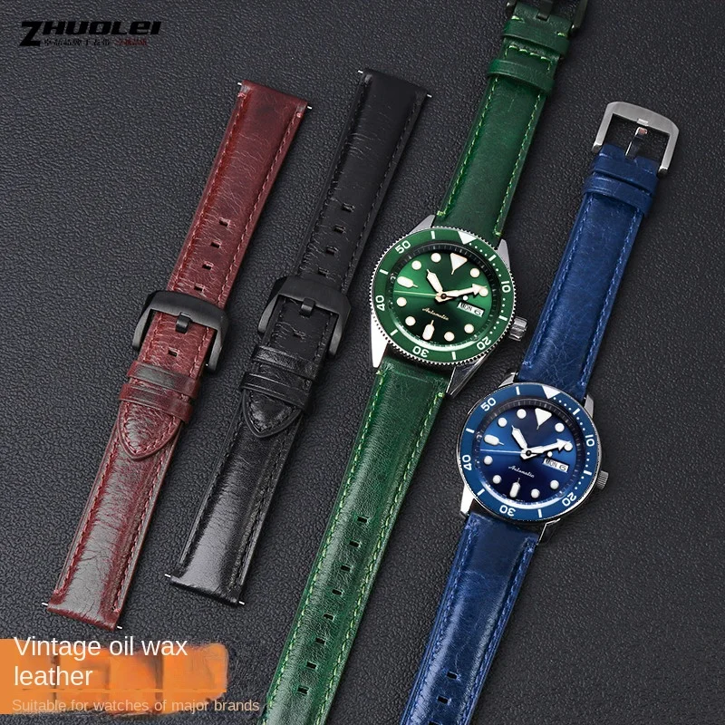 Watchband Accessories 20mm 22mm Blue dark brown green Leather Watch Strap For SEIKO TISSOT Fossil Bracelet Vintage Watch Band