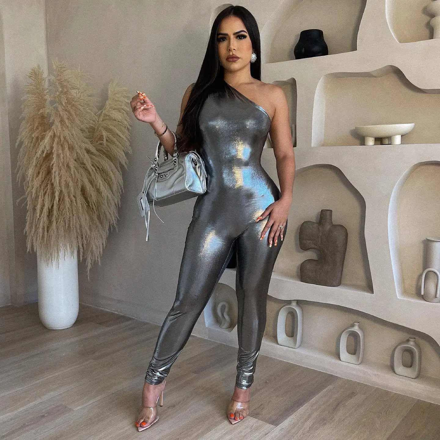 One Shoulder Sleeveless Skinny Women Sexy Faux Leather Playsuit Summer Glitter Metallic Club Bodysuits One Piece Casual Jumpsuit