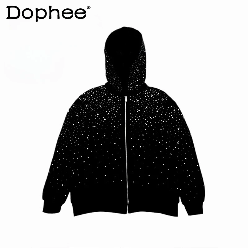 

Winter Thickened Warm Black Heavy-duty Rhinestone Starry Sky Fleece-lined Sweatshirt Loose Casual Short Hooded Jacket for Men
