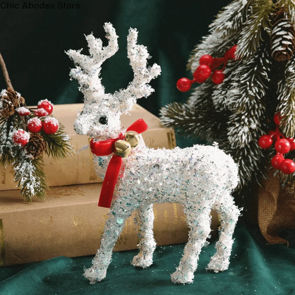 

Cartoon Christmas Reindeer Ornaments With Scarf Glittering Deer Statue Decorations With Bell Reindeer Sculpture Party Supplies