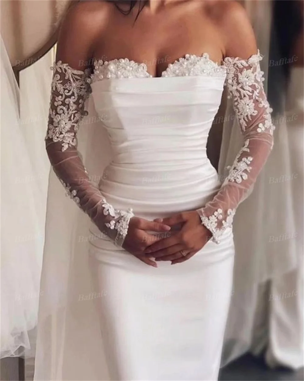 Bafftafe Mermaid Appliques Lace Wedding Dresses Satin Pearls Sweetheart Bride Party Dress Detachable Train Formal Bridal Gowns