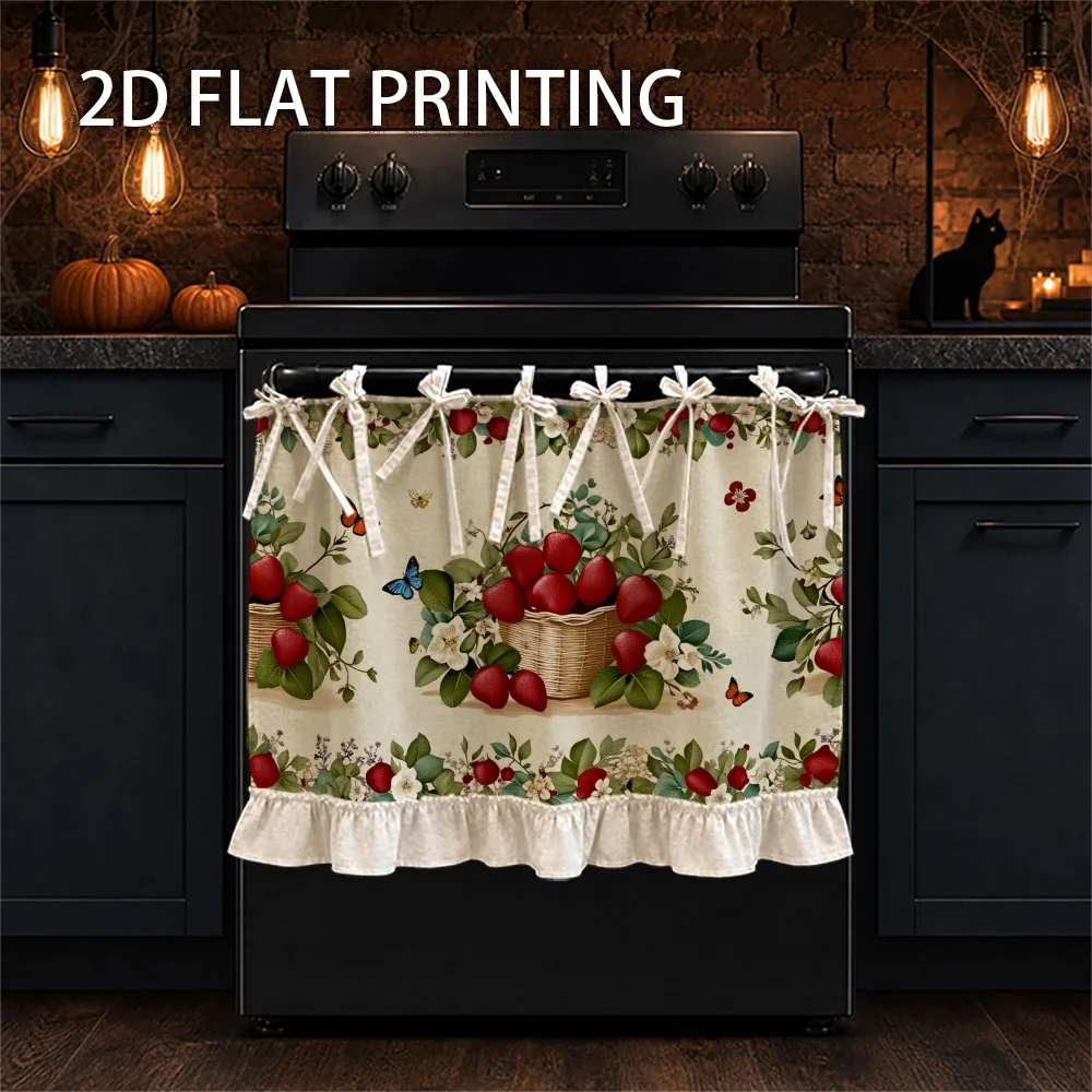 1PC kitchen stove curtain, cabinet curtain, apron. Designed with 2D graphics featuring strawberry baskets, flowers and butterfli