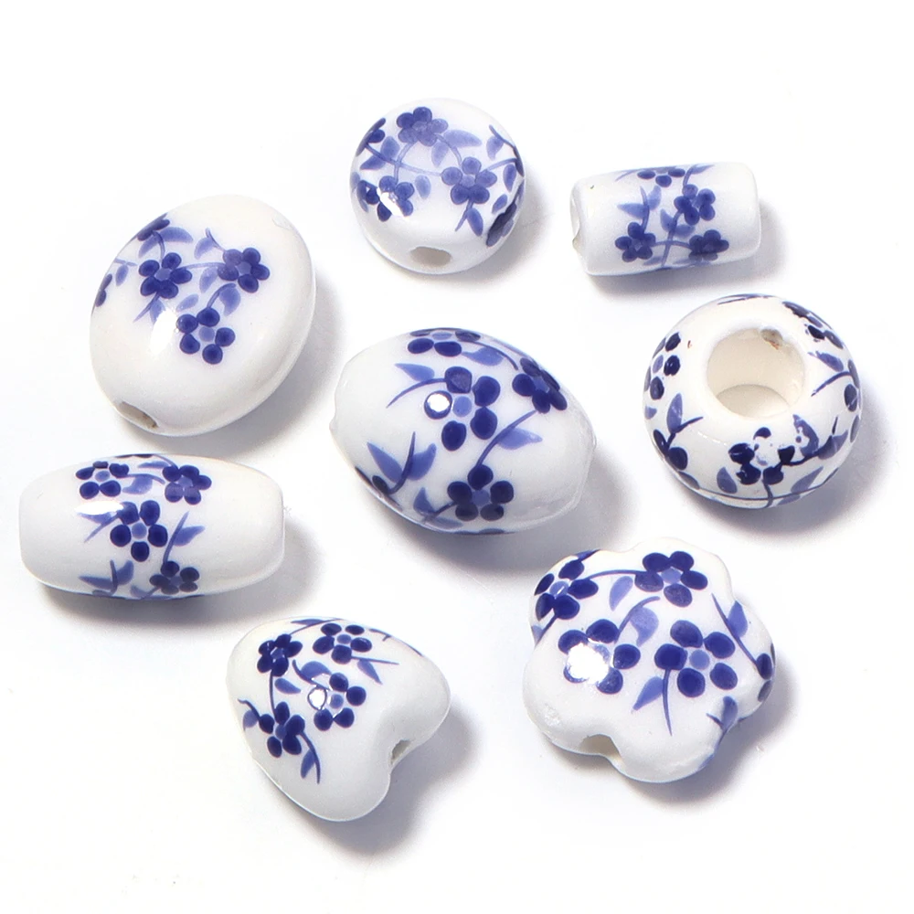 10pcs Flower Ceramic Beads Blue Plum Blossom Porcelain Loose Spacer Beads For Jewelry Making DIY Bracelet Necklace Accessories