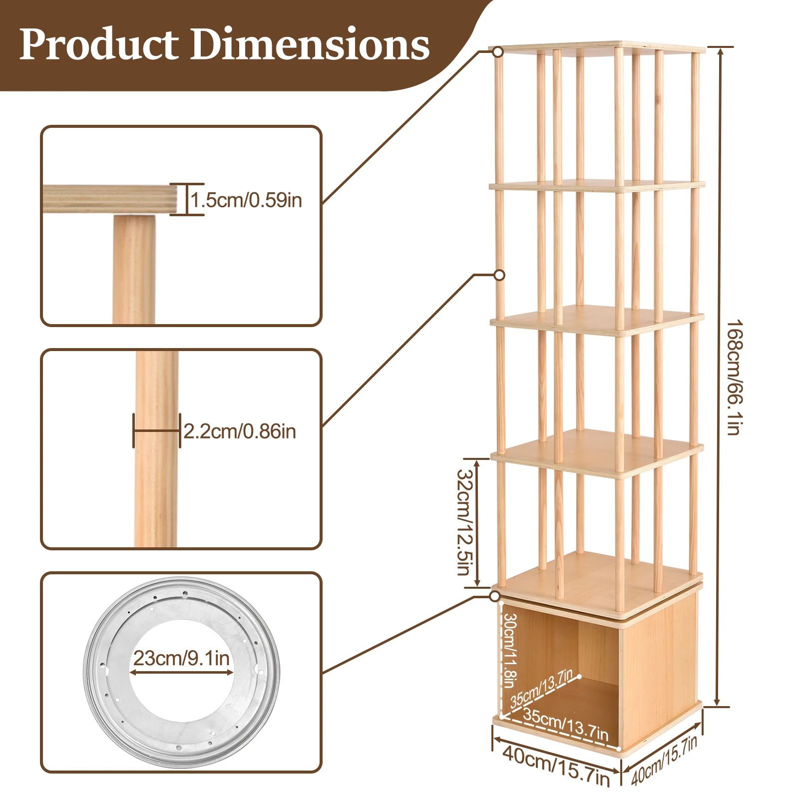 5 Tier Rotating Bookshelf, 360 Revolving, 1.5 cm Thickened Shelving and 2.2 cm Reinforced Support Column Structure, Floor Standing Bookcase Storage Racks Household Organizer, for Home, Office, Nursery, Bedrooms, Living Room
