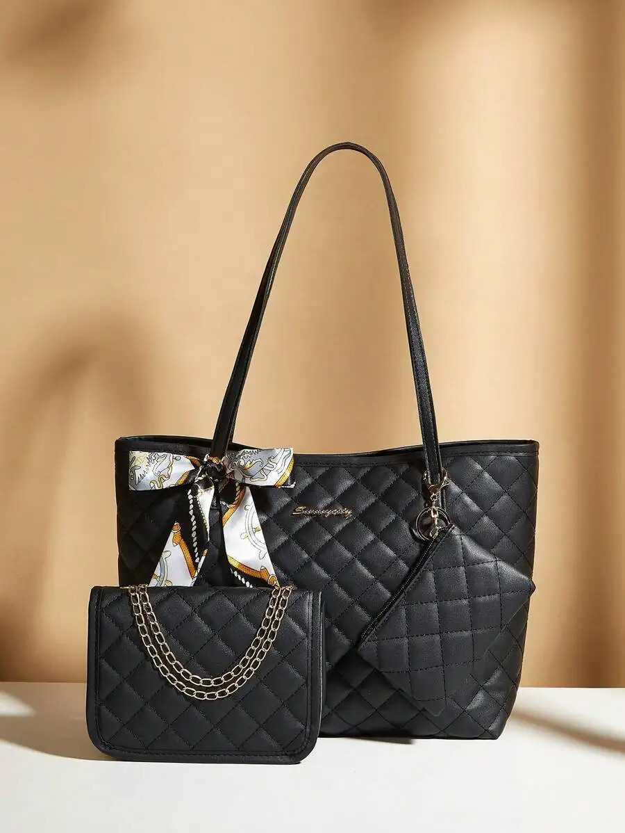 

Набор из 3 предметов для женщин: шелковый шарф, сумка-тоут на цепочке, кошелек для монет, стеганая сумка через плечо с решетчатым узором