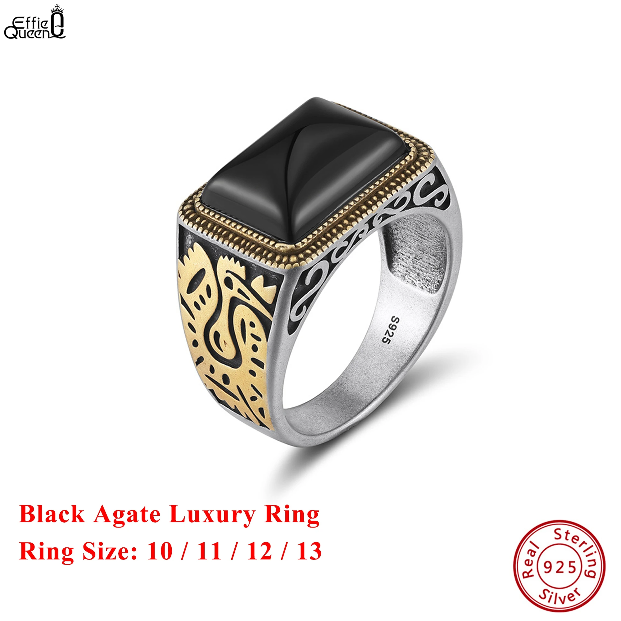 

Effie Queen S925 Silver Black Square Agate Ring Size 10/11/12/13 Luxury Jewelry Gift for Men Banquet Party Finger Ring NMR16