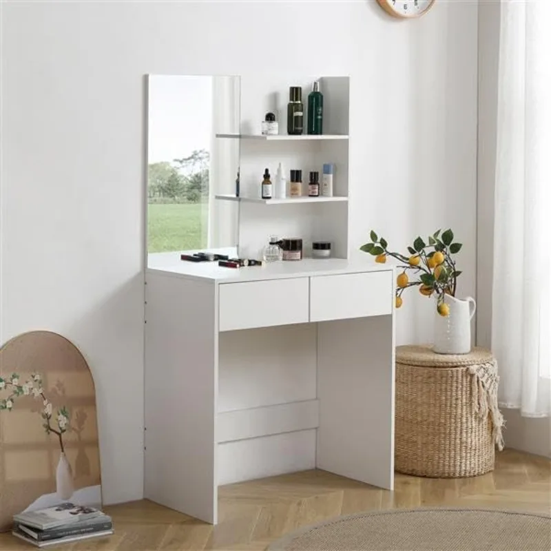 

home.Vanity Desk with Mirror, Makeup Vanity with with 2 Drawers & Shelves Dressing Table for Bedroom, White