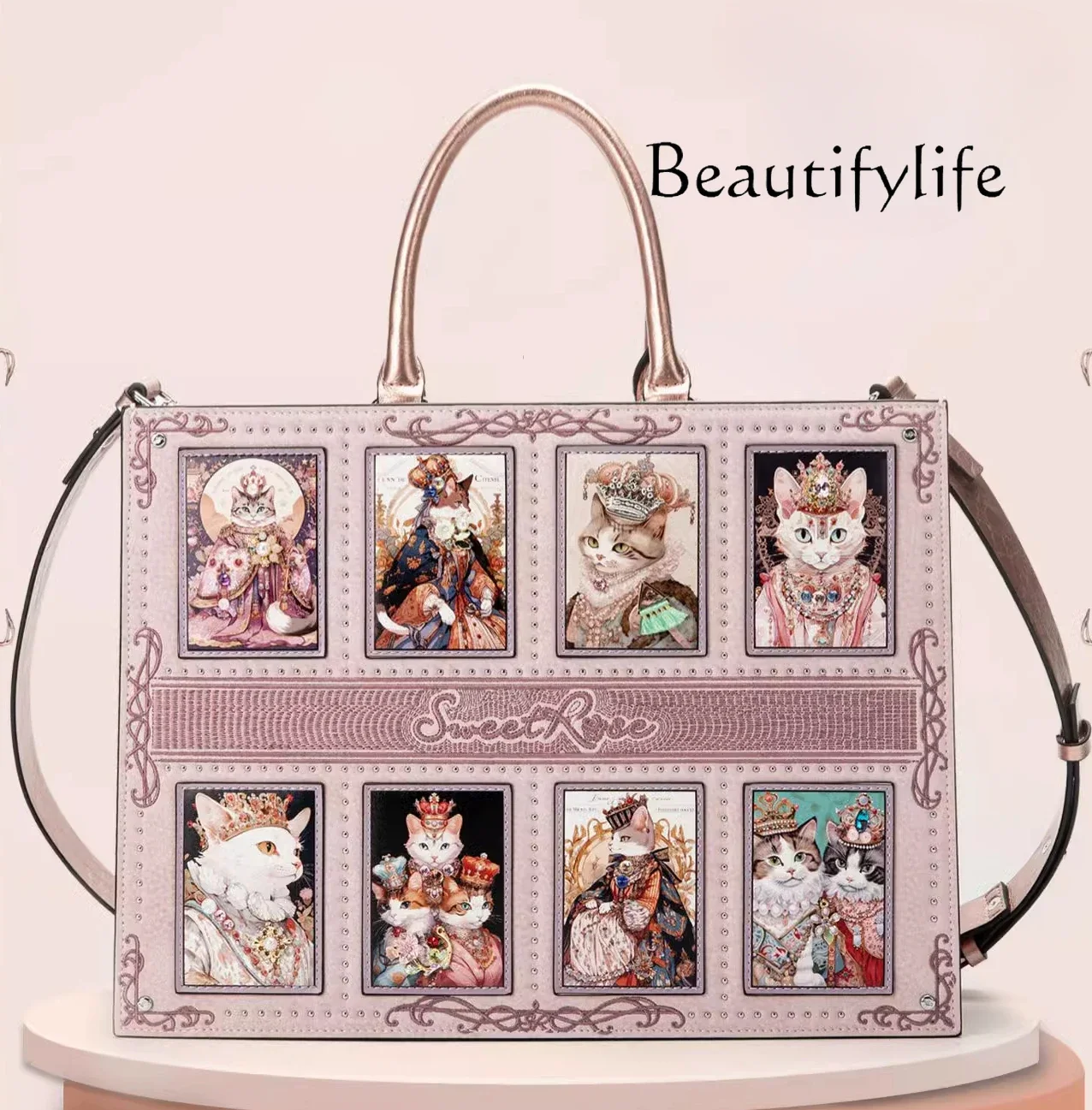 Design leather diamond-encrusted women's bag fashionable light luxury shoulder crossbody cute cat tote bag autumn and winter