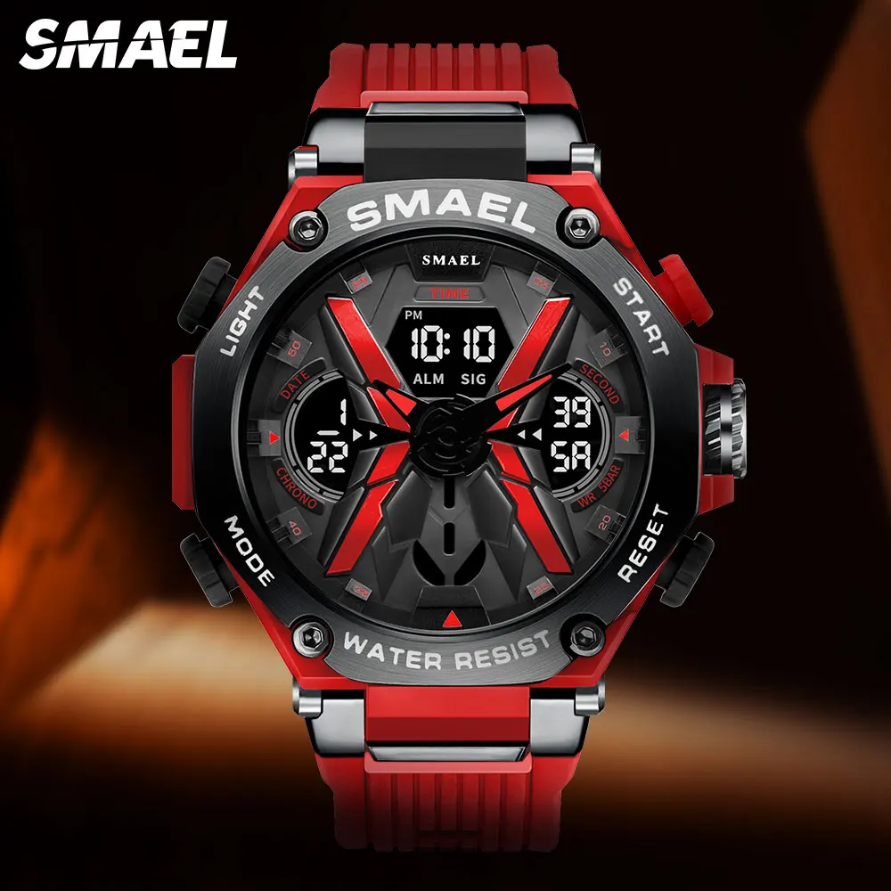 SMAEL Red Sport Digital Watch for Men Fashion Waterproof Dual Time Display Chronograph Quartz Wristwatch with Date Week 8087