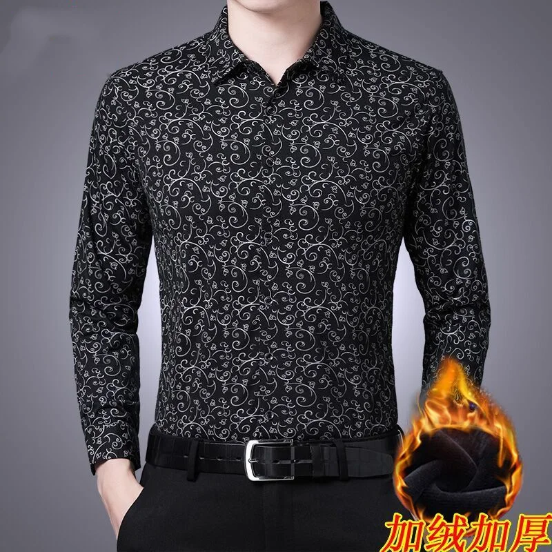 Printed Fashionable Plush and Thickened Winter Men\'s Lapel Long Sleeved Floral Shirt Casual Loose Fitting Warm Versatile Top