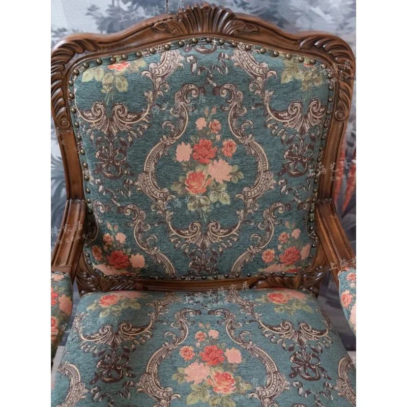 American retro old solid wood sofa single leisure chair printing fabric living room balcony furniture small apartment