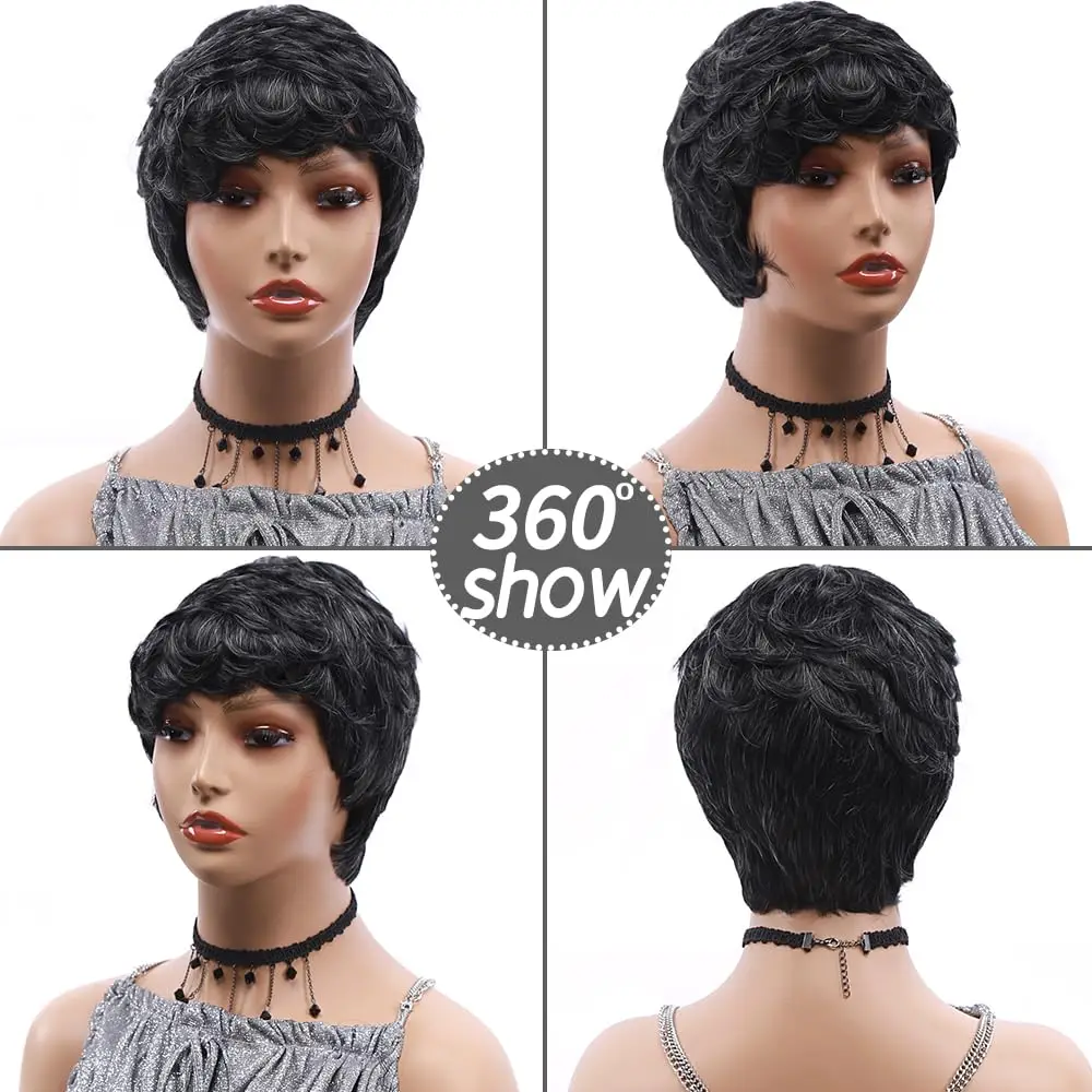 Short Pixie Cut Wigs for Black Women Grey Wigs for Women Black Mix Gray Short Synthetic Curly Hair Wig for Replacement Wigs