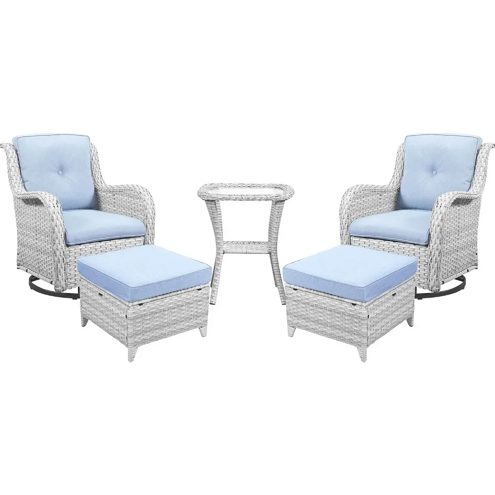 

Outdoor Swivel Rocker Furniture 5 Pieces Patio Wicker Furniture Sets, Rattan Patio Swivel Glider Chairs with 2 Ottoman and Glass